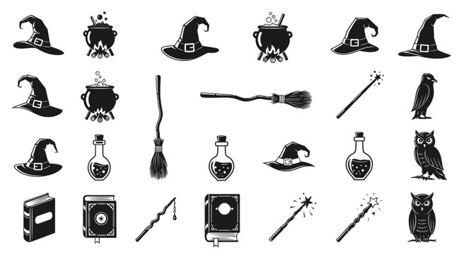 Witchcraft magic icons set, black silhouette wizard elements, 24 mystical halloween vector illustrations for occult design