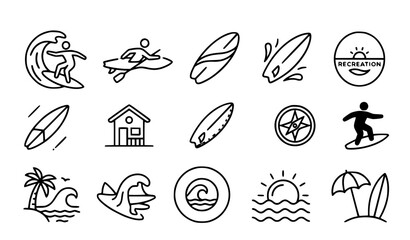 Fototapeta premium Surf lifestyle rounded vector icon set with surfer surfboard beach waves tropical vacation and summer activities