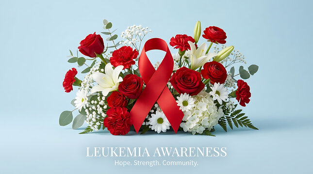 Red and white floral ribbon bouquet for leukemia cancer awareness campaign display