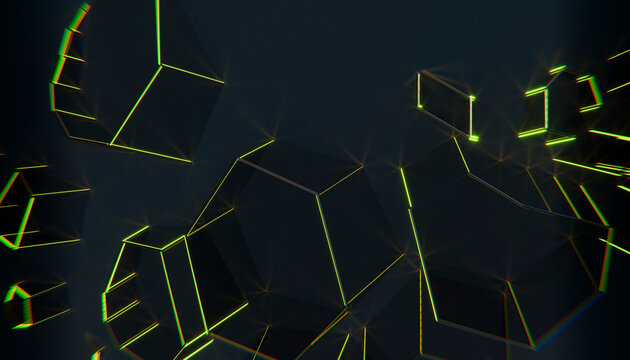Glowing green polygons float in a dark digital cyberspace