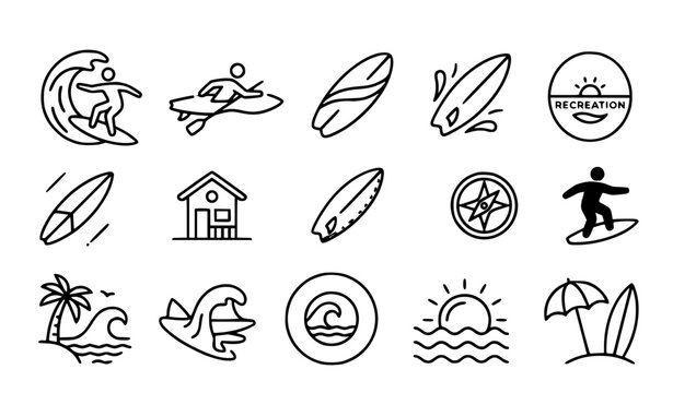 Surf lifestyle rounded vector icon set with surfer surfboard beach waves tropical vacation and summer activities