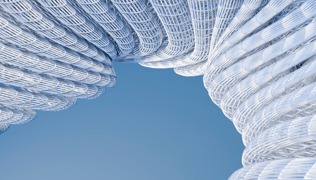 Abstract modern white curved lattice structure against a blue sky