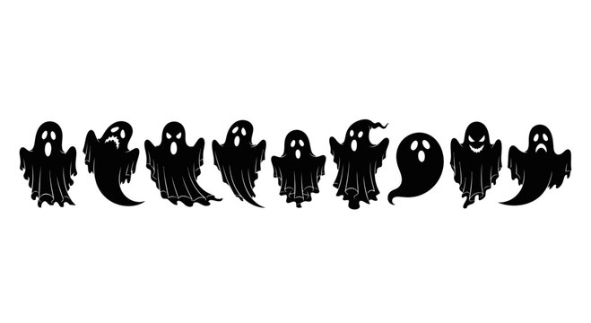 Halloween ghost silhouettes set, spooky flying spirits collection, black phantom icons for holiday decor, 9 vector ghost characters