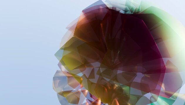 Abstract 3d rendering shows a faceted purple gemstone with copy space