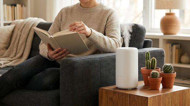 Young woman reading a book on a sofa with air humidifier and potted cacti on a table