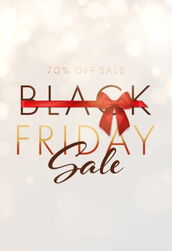 Elegant Black Friday Sale Banner with Red Ribbon Bow, Soft Bokeh Lights and 70 Percent Discount