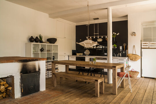 Spacious dining room with wooden floor