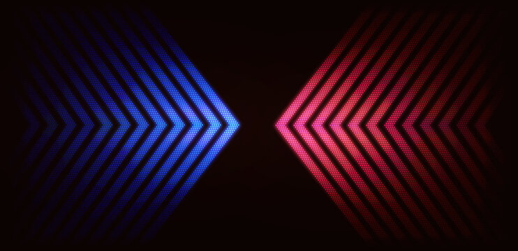 Blue and Red Glowing Halftone Arrows Pointing Toward Each Other on Dark Background