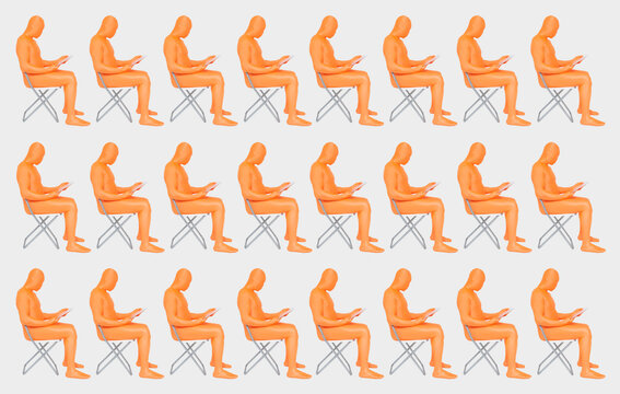 Men in orange zentai using digital tablet on white background