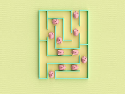 Piggy banks in a maze illustrating finance and saving strategy