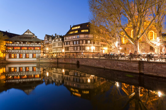 France, Alsace, Strasbourg, Petite-France, L'ill River, View of Place Benjamin Zix at night