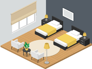Fototapeta premium Isometric Modern Twin Bedroom Interior Design with Yellow Accents
