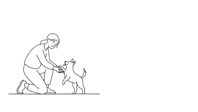 Single line continuous line drawing of a woman petting a dog. Minimalist vector illustration of owner playing with puppy. Black and white thin line art concept of bond and training.