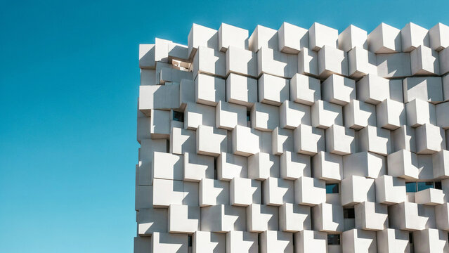 Modern geometric building facade with unique white modular blocks against clear blue sky