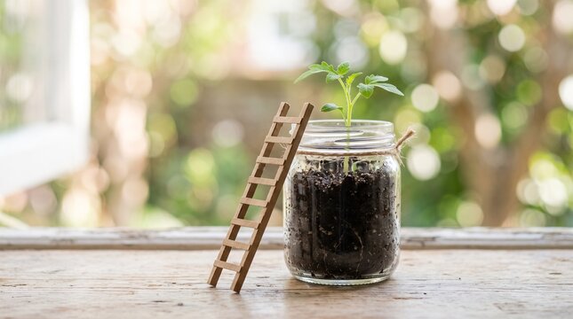 A small green plant growing in a glass jar with a miniature paper ladder leaning against it, representing growth, ambition, and progress.