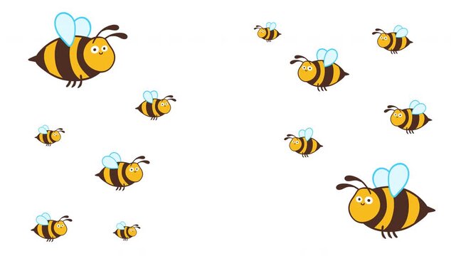 Swarm of cute cartoon bumblebees flying isolated on white background 2D loop animation. Motion graphic for child game or movie.