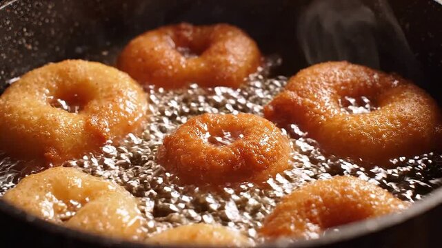 Golden ring-shaped pastries frying in bubbling oil, showing the hot cooking process and crispy homemade dessert preparation in a pan