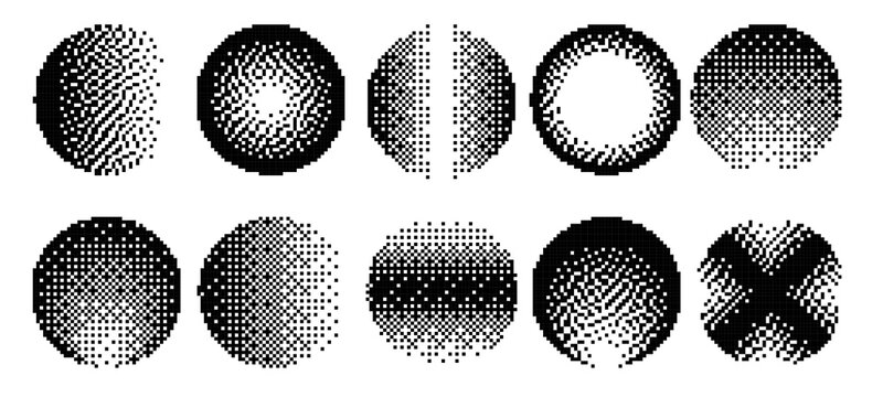 Halftone pixel circle dotted sphere gradient geometric shape shading texture retro pop art design screen print pattern optical illusion modern minimalist element set