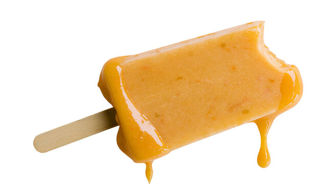Orange popsicle with a bite taken out melting and dripping, isolated on transparent background