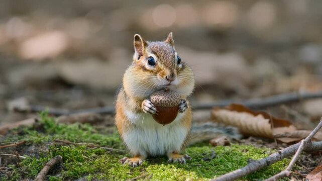 Realistic chipmunk holding an acorn while standing on a mossy forest floor surrounded by leaves and woodland vegetation.