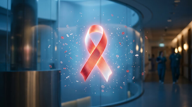 Bright red leukemia awareness ribbon glowing on futuristic digital display in modern office lobby