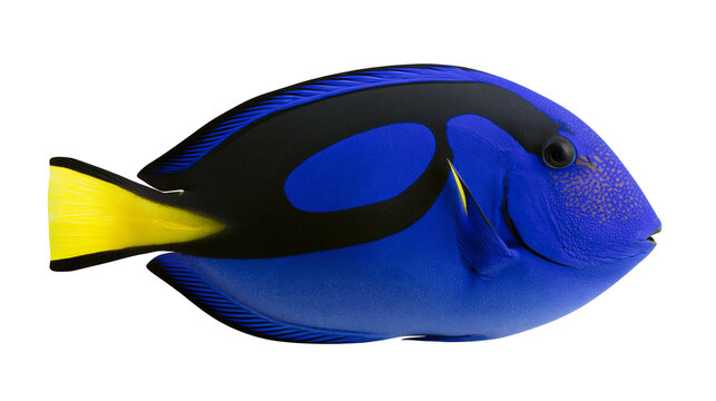 Vibrant blue tang fish with yellow tail, isolated on transparent background
