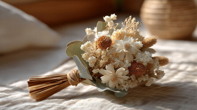 Small bundle of dried white flowers and eucalyptus tied with raffia cord botanical interior