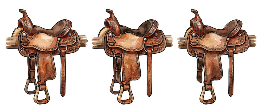 Three western saddles isolated on transparent background