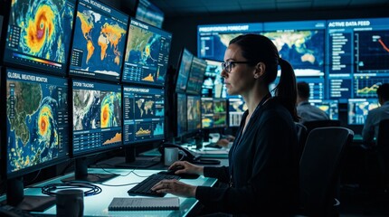 Fototapeta premium Female Meteorologist Analyzing Global Weather Data and Tracking Hurricane Storm on Multiple Screens in Modern High-Tech Control Room Command Center for Climate Change Monitoring