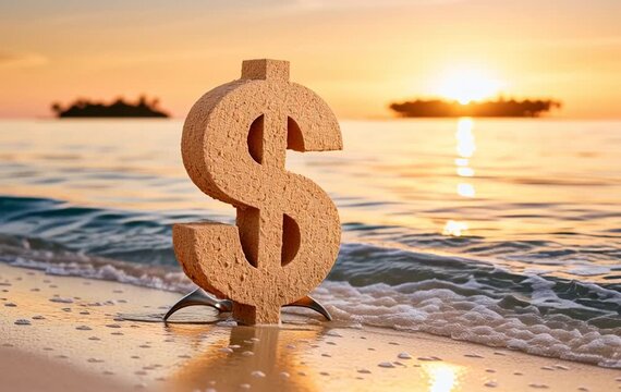 A textured dollar sign symbol stands upright on wet sand near the ocean shoreline during a warm golden sunset with gentle waves rolling in.