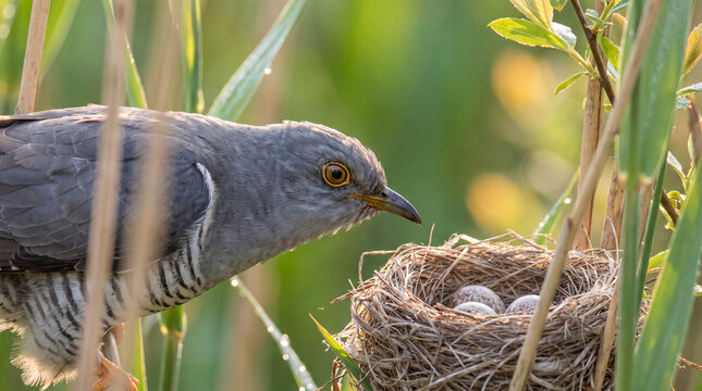 Common Cuckoo bird peering into a woven reed nest containing three speckled eggs, showcasing its natural brood parasite behavior.