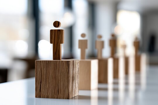 Wooden human figures arranged on blocks symbolizing leadership and hierarchy with focus on the foremost figure in a professional setting