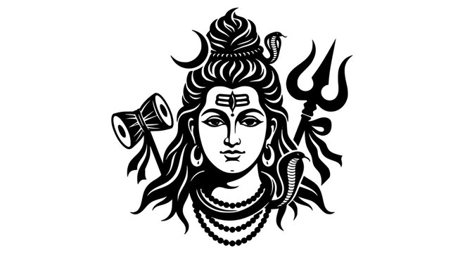 Fierce Hindu Lord Shiva Mahakaal black silhouette vector icon with third eye trishul crescent moon and sacred ornaments