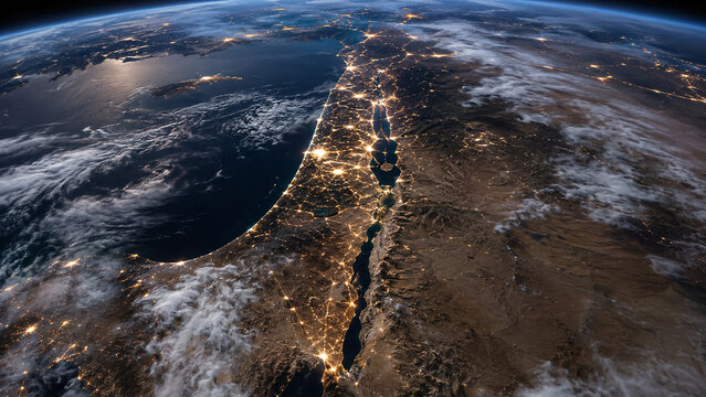 Israel at night from orbit, outlined by glowing borders with dense city lights along the Mediterranean coast and across inland regions.