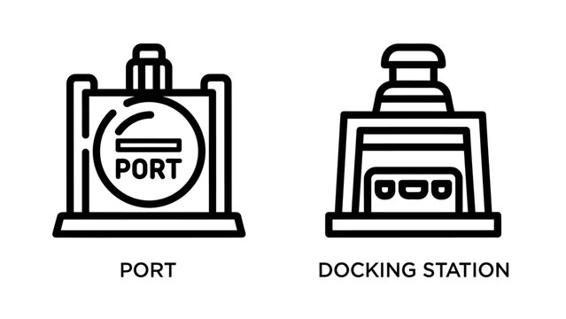 Computer technology connectivity port and docking station icons with computer