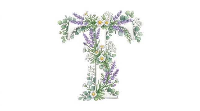 Floral letter T in watercolor style, botanical alphabet initial with lavender and daisies, elegant flower monogram for wedding stationery isolated PNG with Transparent Background