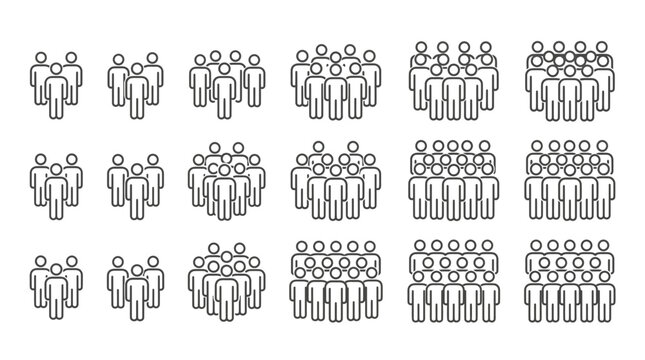 Simple black line vector illustration showing organized groups of human icons in varying grid sizes