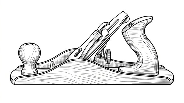 Vintage wood plane illustration, traditional hand tool for woodworking, classic carpenter equipment line art for craft projects isolated PNG with Transparent Background