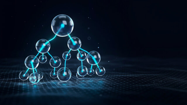 3D abstract glowing glassmorphism binary search tree data structure visualization