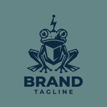 Frog mascot logo with lightning bolt on dark background.