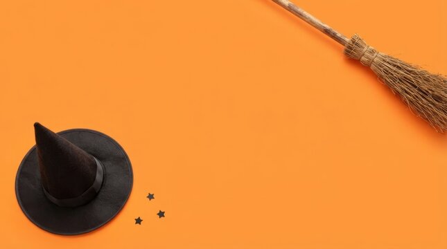 Witch hat and broomstick on orange background layout setup