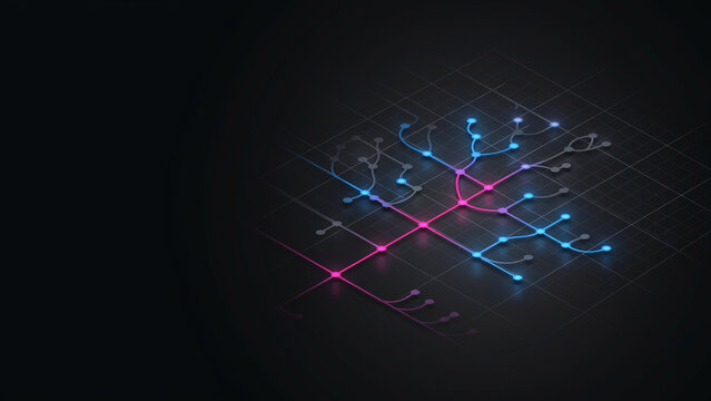 Neon 3D graph traversal algorithm visualization on dark grid background