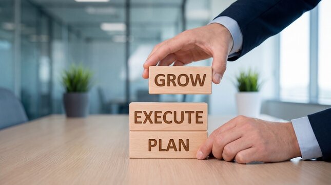 A businessman carefully stacks wooden blocks with the words GROW EXECUTE PLAN on them, symbolizing a strategic business progression from initial planning through implementation to achieving growth 