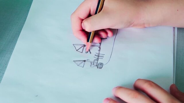 Child draws with pencil, erases lightly. Hand holds eraser, pencil, paper. Fingers steady, sketching geometric shapes. Child focused, creating simple, abstract forms. Great for education, creativity