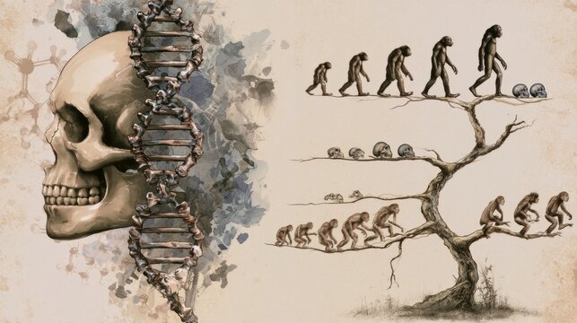 DNA helix, human skull silhouette and evolutionary tree, scientific illustration of genetics and ancestry.
