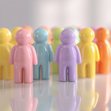 Group of colorful glossy human-shaped figures standing on a reflective surface symbolizing diversity and unity in teamwork and community settings