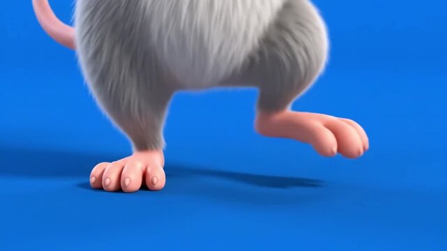 Close up mouse feet taking step studio shot on blue background (62 characters)