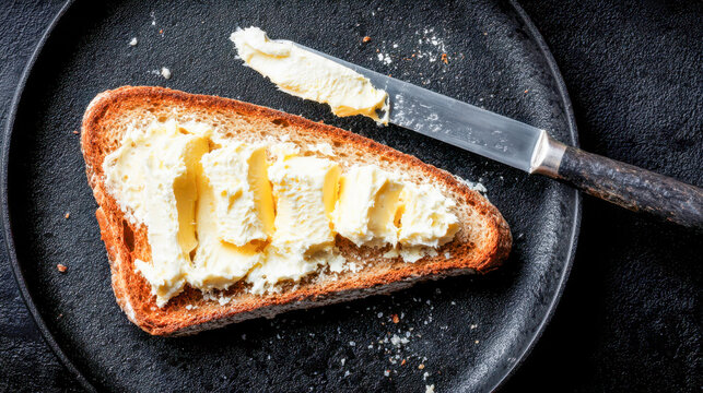 Freshly toasted whole grain bread slice generously spread with creamy butter on a dark plate with a butter knife resting beside it on a black textured surface