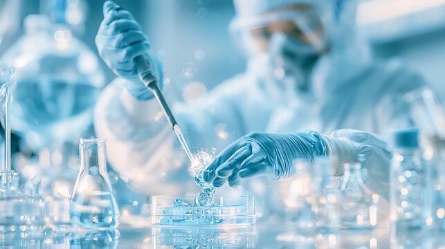 Laboratory state-of-the-art biotechnology research laboratory, scientist in full protective equipment carefully pipetting solution into 96-well plate, bioreactor visible in background, clean 
