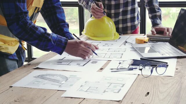 Two individuals collaborate on construction plans at a table with a yellow hard hat.